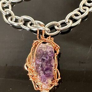 Druzy Amethyst Wire Wrapped Silver Aluminum Wire Wrapped Copper Necklace Pendant
